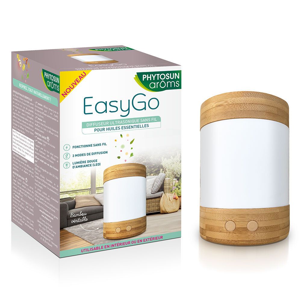 Cilindrische diffuser, hout en wit plastic. Twee knoppen onderaan. Productverpakking.