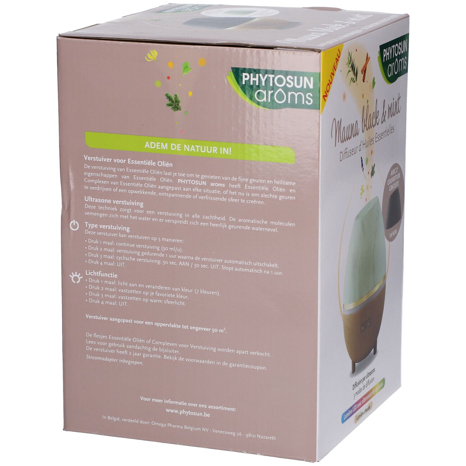 Achterkant van de verpakking van de Phytosun Arôms Mauna black & mint diffuser. Tekst in het Nederlands.
