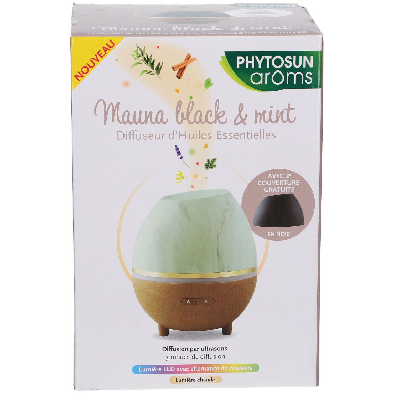 Verpakking van de Phytosun Arôms Mauna black & mint diffuser. Opschrift: "Nouveau". De diffuser is afgebeeld.