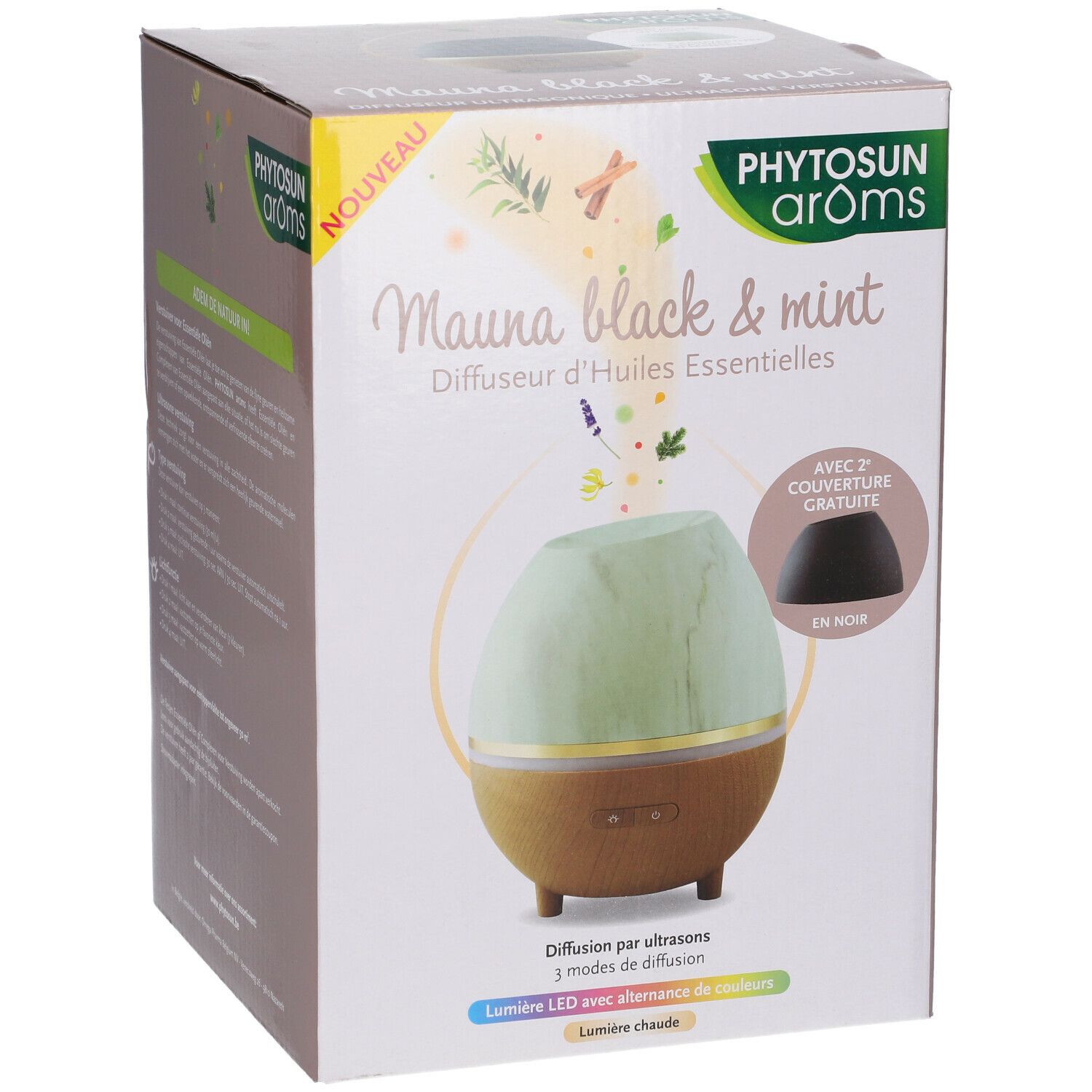 Verpakking van de Phytosun Arôms Mauna black & mint diffuser. Opschrift: "Nouveau". De diffuser is afgebeeld.