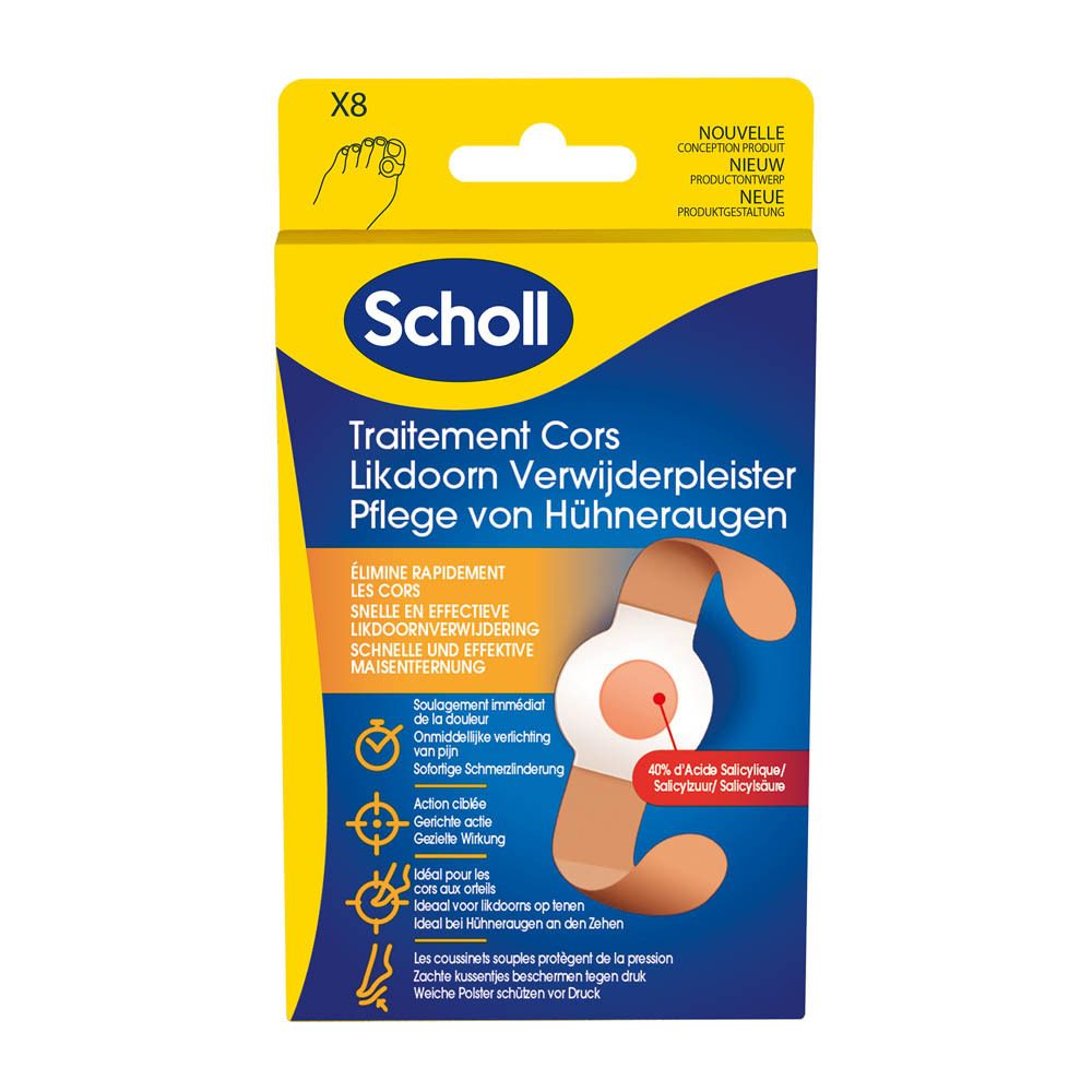 Scholl verpakking met illustratie van voet en pleister. Tekst: 'Traitement Cors'.