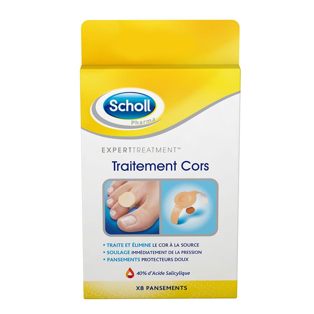 Verpakking Scholl Expert Treatment pleisters. Toont voet met pleister en illustratie.