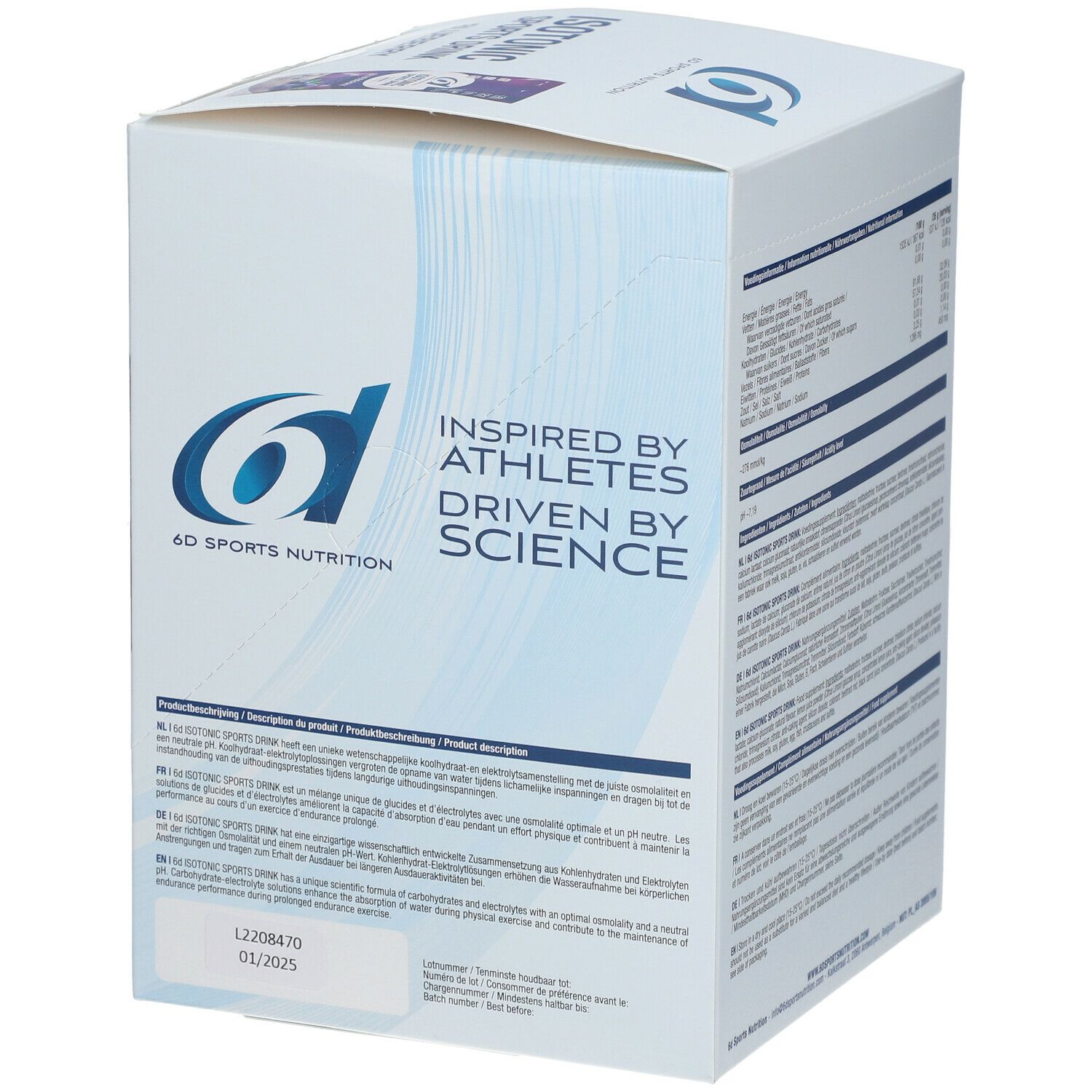 Seite der Produktverpackung. Logo: 6D Sports Nutrition. Text: Inspired by Athletes, Driven by Science. Informationen zur Anwendung und Inhaltsstoffen.