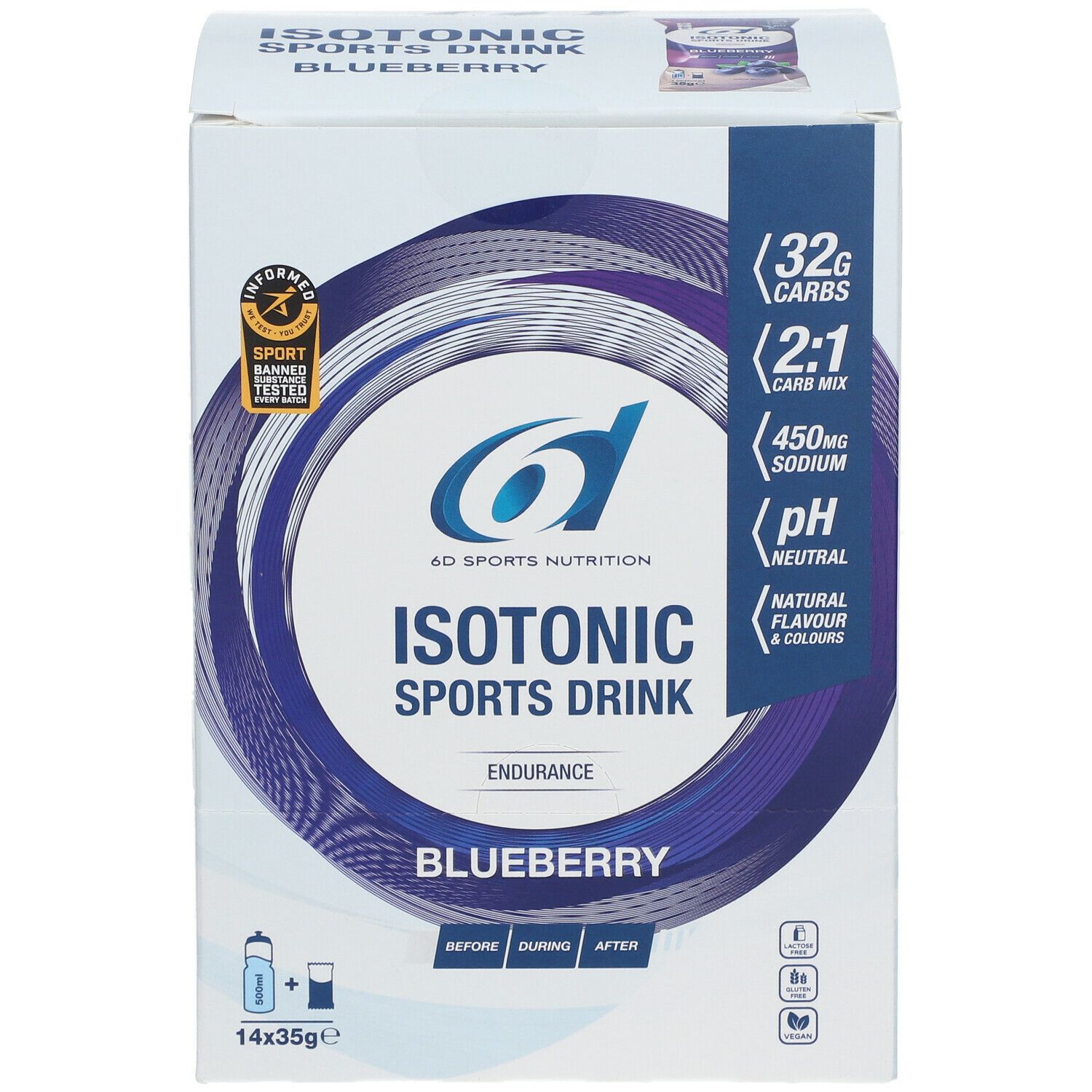 Karton mit blauem Design. Aufschrift: Isotonic Sports Drink Blueberry. Enthält 14 Beutel à 35g. Logo: 6D Sports Nutrition. Zertifizierung.