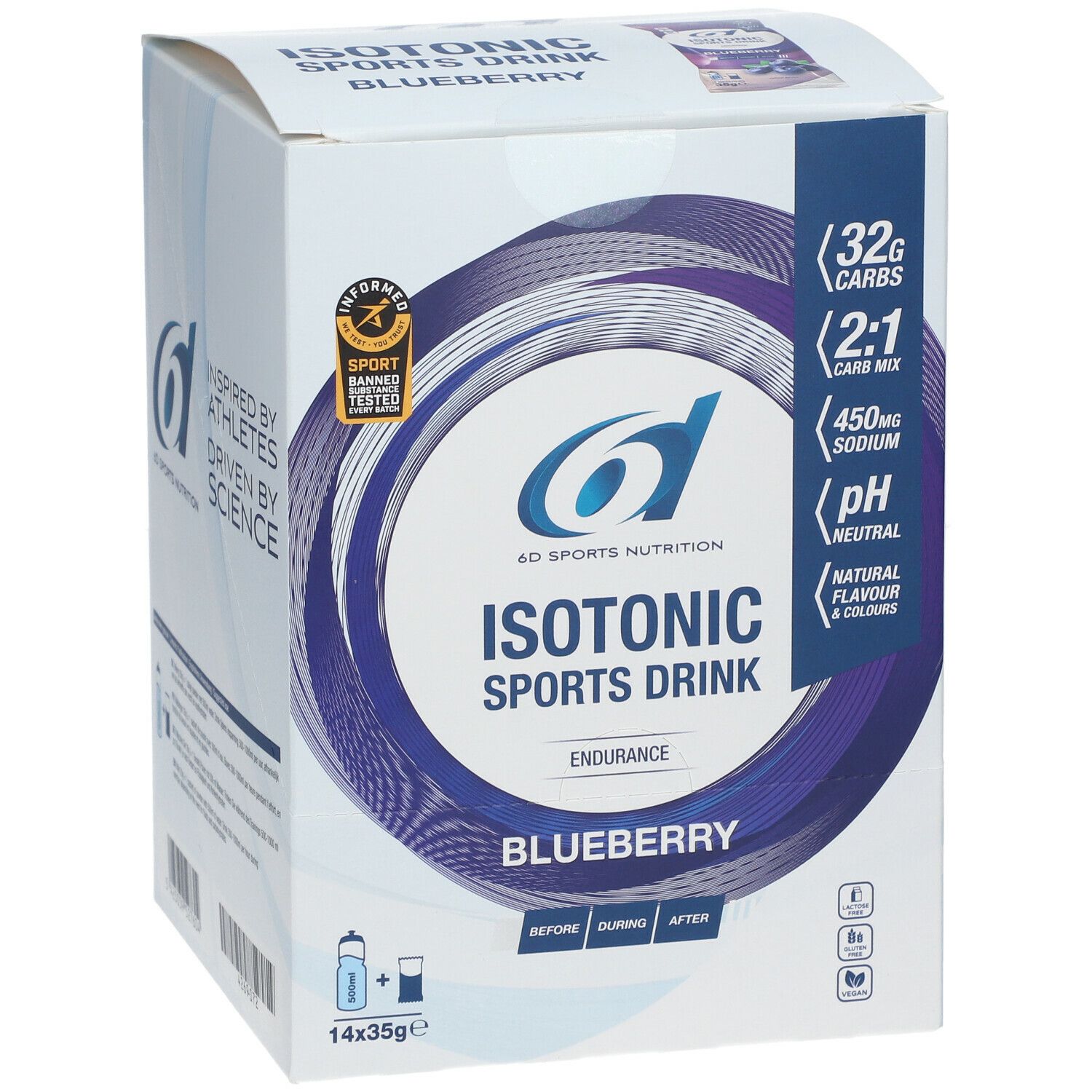 Karton mit blauem Design. Aufschrift: Isotonic Sports Drink Blueberry. Enthält 14 Beutel à 35g. Logo: 6D Sports Nutrition. Zertifizierung.