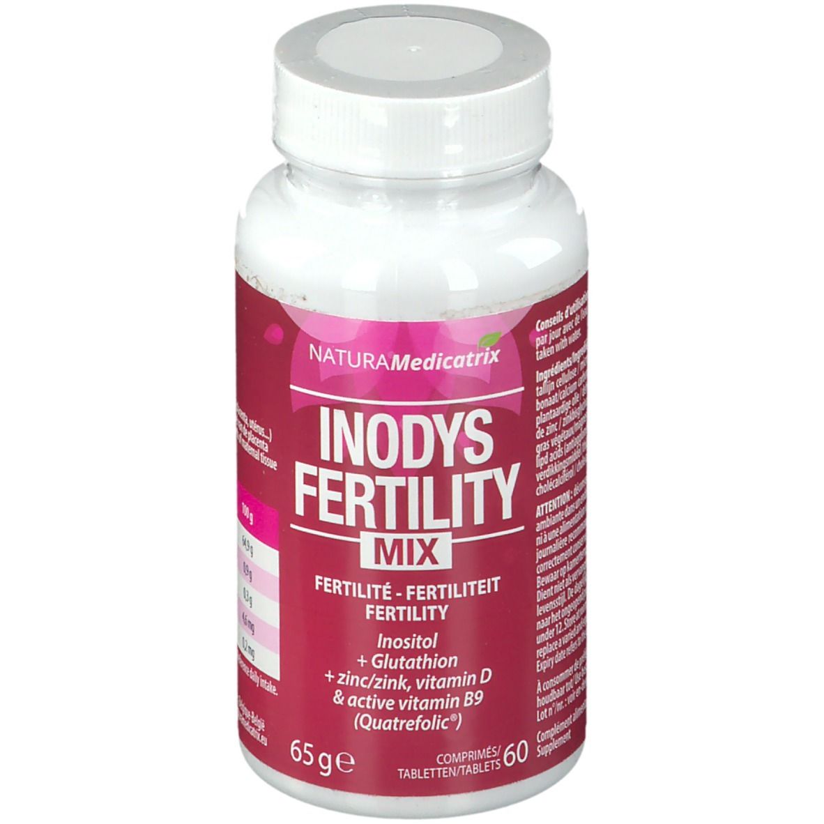Witte tablettenfles met rood etiket. Opschrift: INODYS FERTILITY MIX. Bevat inositol, glutathion, zink, vitamine D & B9.