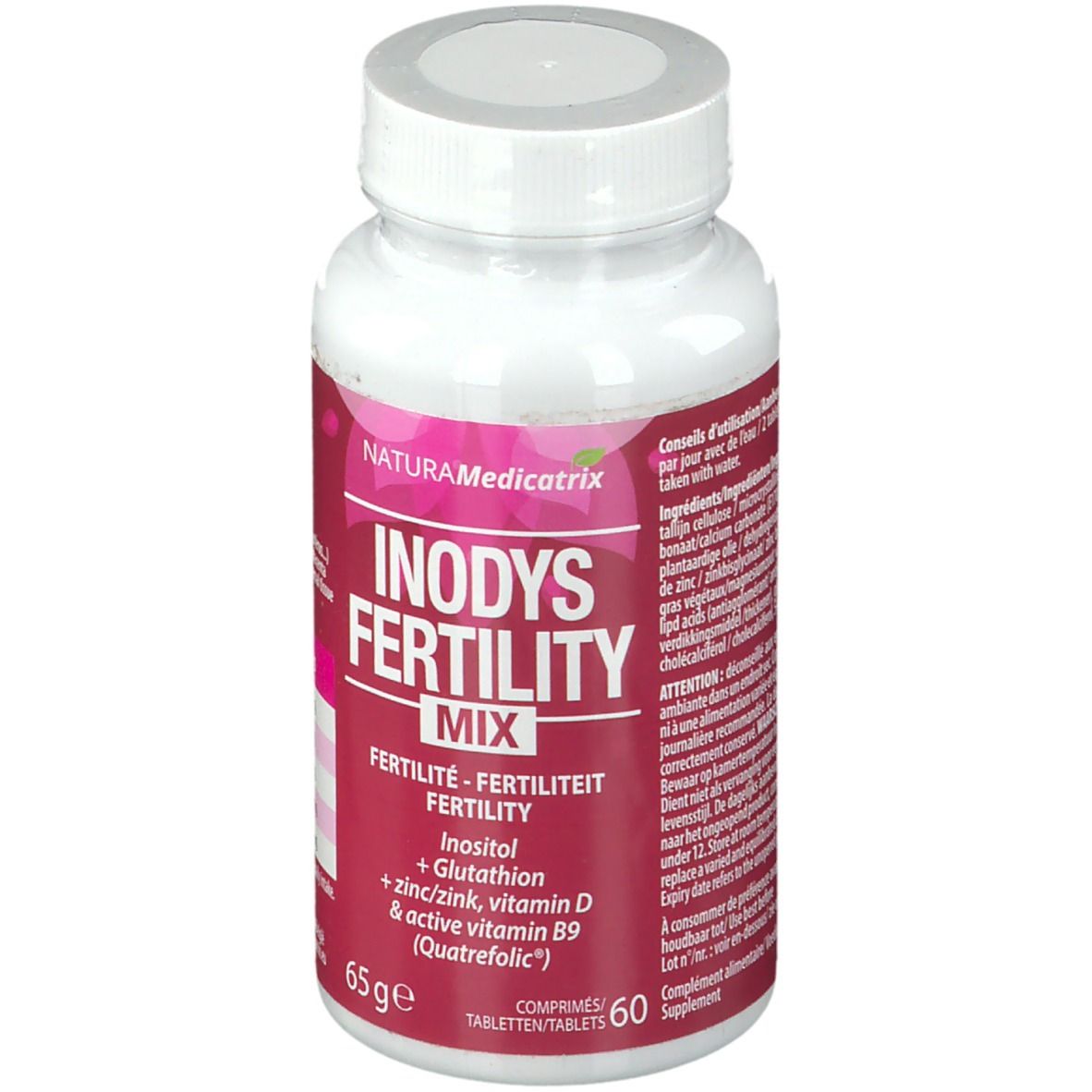 Tablettenfles met rood etiket. Opschrift: INODYS FERTILITY MIX. Bevat inositol, glutathion, zink, vitamine D & B9. 60 tabletten.