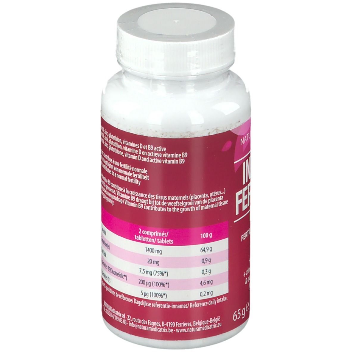 Achterkant van de tablettenfles met voedingswaarde-informatie. Bevat inositol, glutathion, zink, vitamine D & B9. Tekst in meerdere talen.
