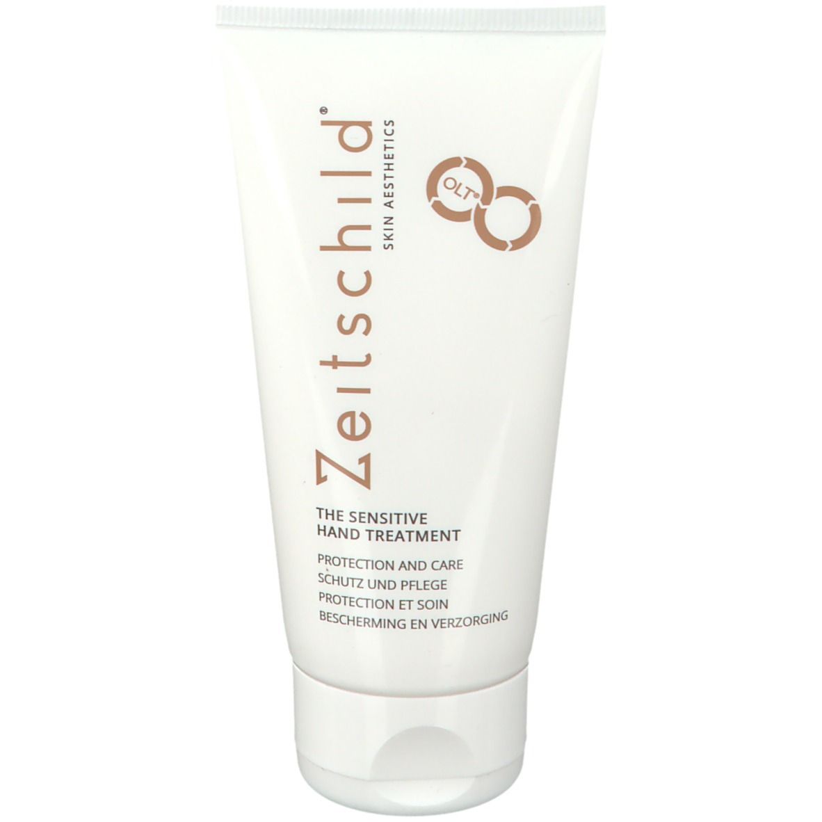 Witte tube Zeitschild® Sensitive Hand Treatment. Merknaam linksboven, productnaam eronder. Tekst in Duits, Engels, Frans, Nederlands.