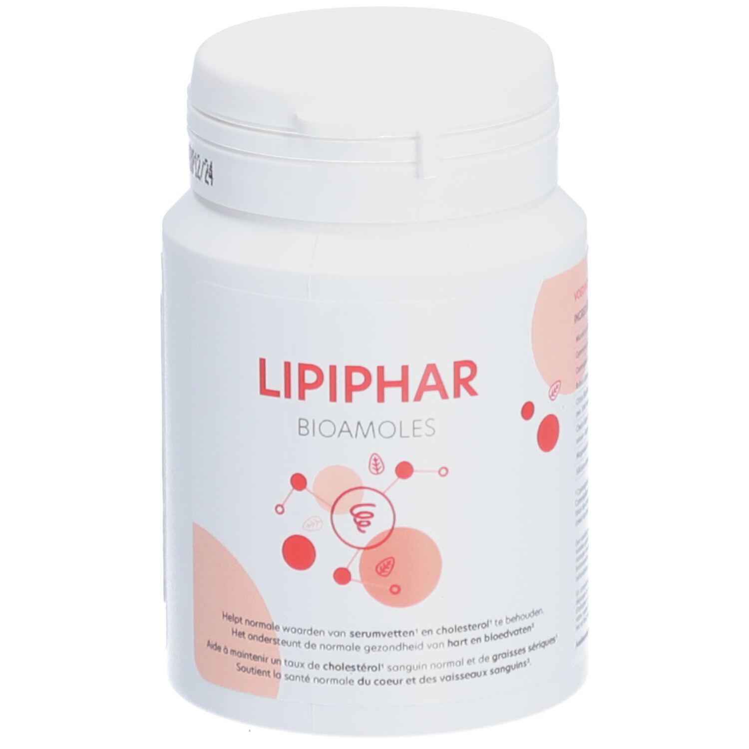 Witte fles met rode tekst LIPIPHAR BIOAMOLES. Tekst in meerdere talen. Klapdeksel.