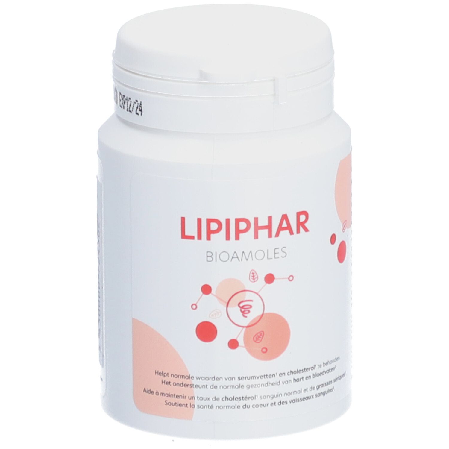 Witte fles met rode tekst LIPIPHAR BIOAMOLES. Tekst in meerdere talen. Klapdeksel.