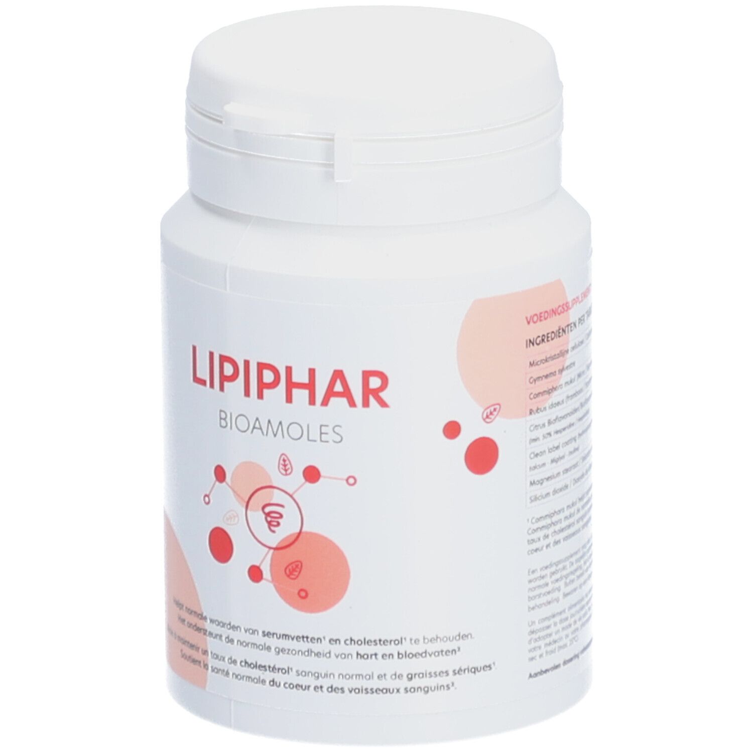 Witte fles met rode tekst LIPIPHAR BIOAMOLES. Tekst in meerdere talen. Klapdeksel.