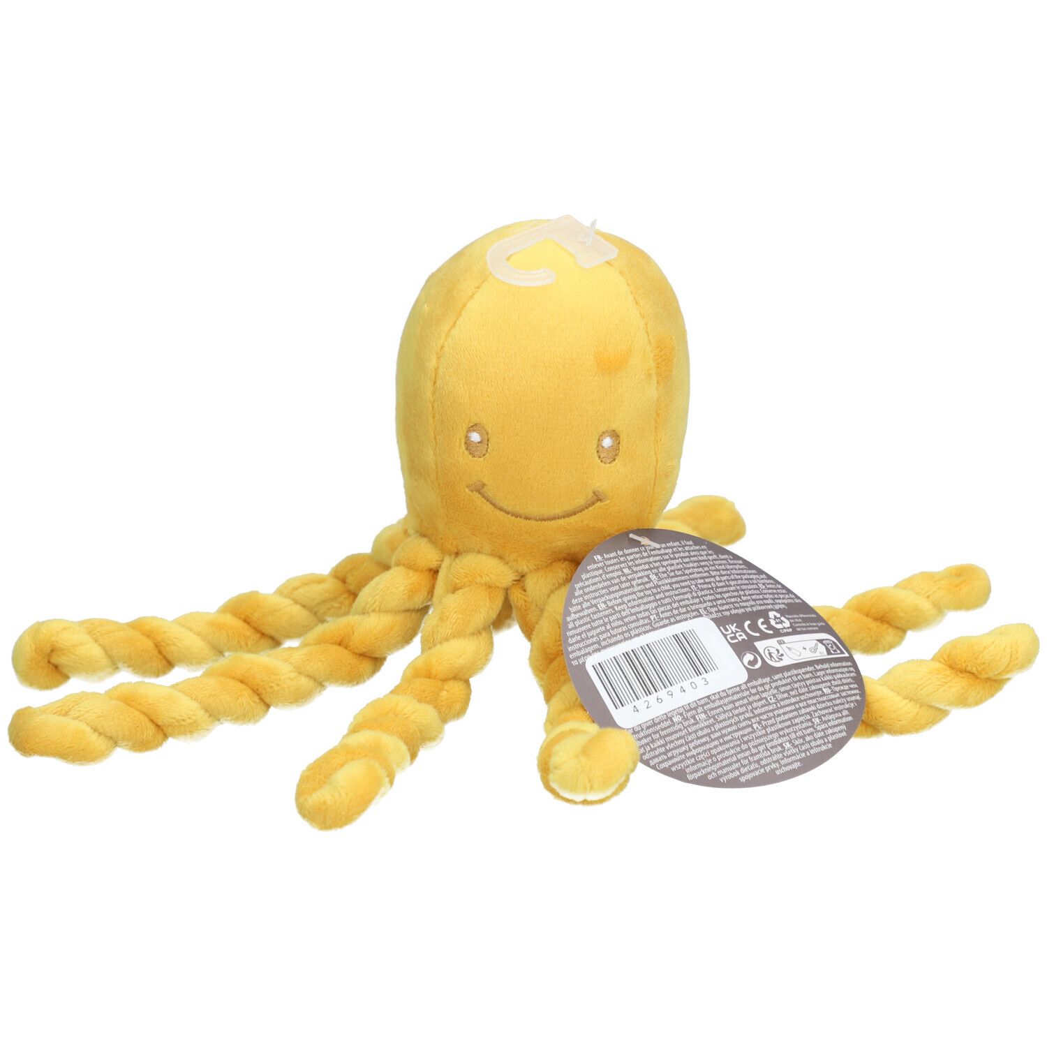 Gelber Stoff-Oktopus mit gedrehten Tentakeln. Gesicht mit Augen und Mund. Anhänger mit Barcode.