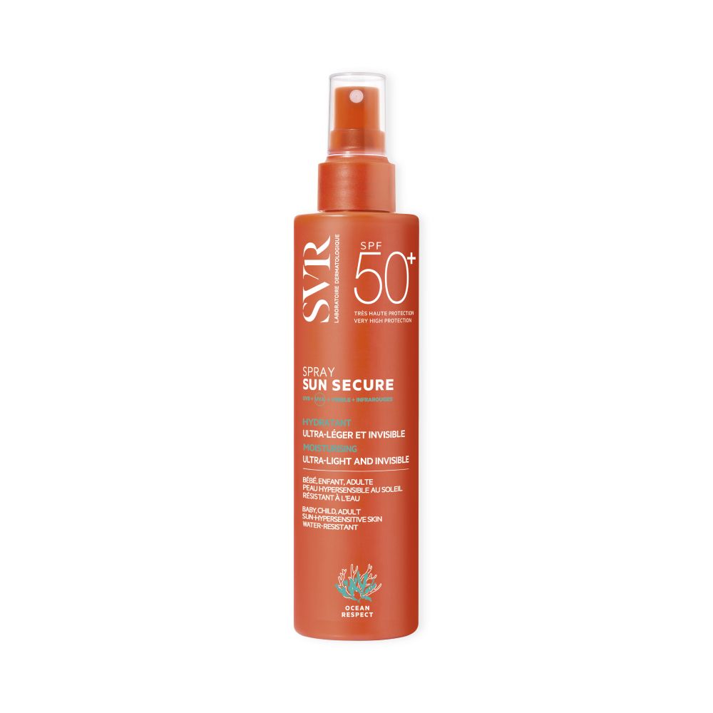 Flacon spray orange avec tête rouge. Inscriptions : SVR, SPF 50+, SUN SECURE Spray. Vegan.