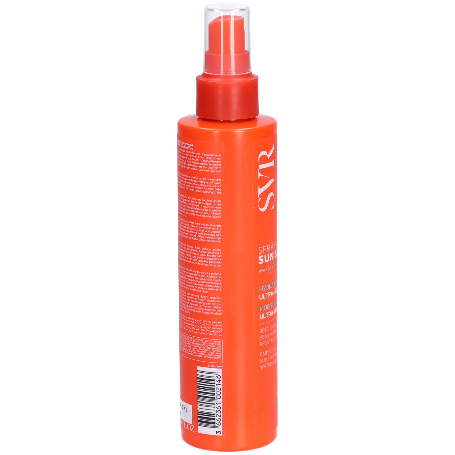Dos du flacon spray orange. Texte avec informations produit. Tête de pulvérisation rouge.