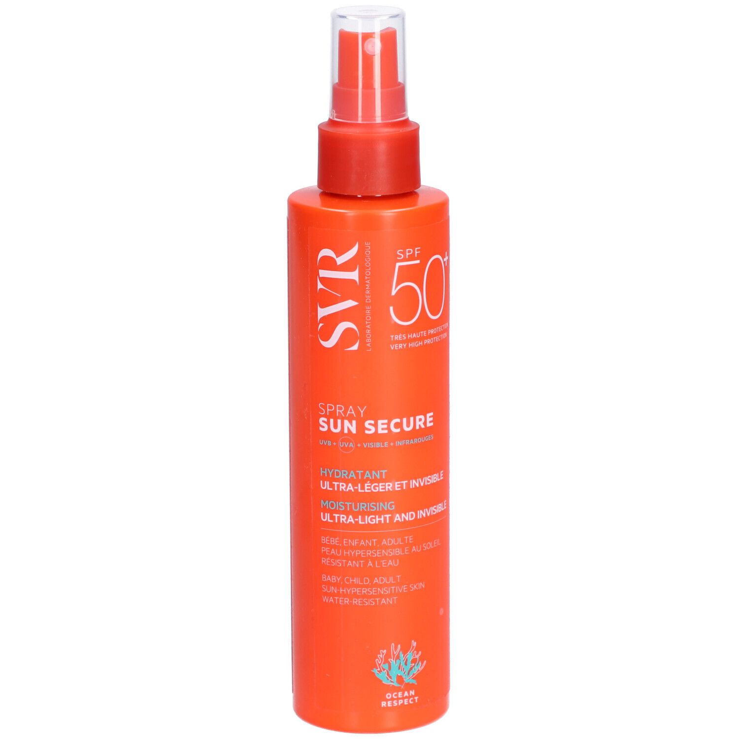 Flacon spray orange avec tête rouge. Inscriptions : SVR, SPF 50+, SUN SECURE Spray. Vegan.