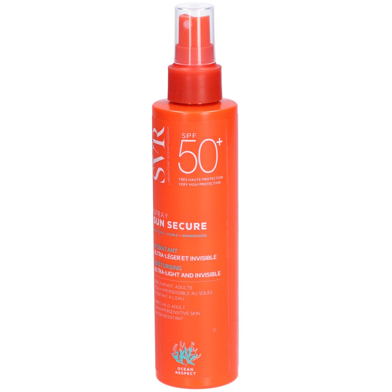 Flacon spray orange avec tête rouge. Inscriptions : SVR, SPF 50+, SUN SECURE Spray. Vegan.