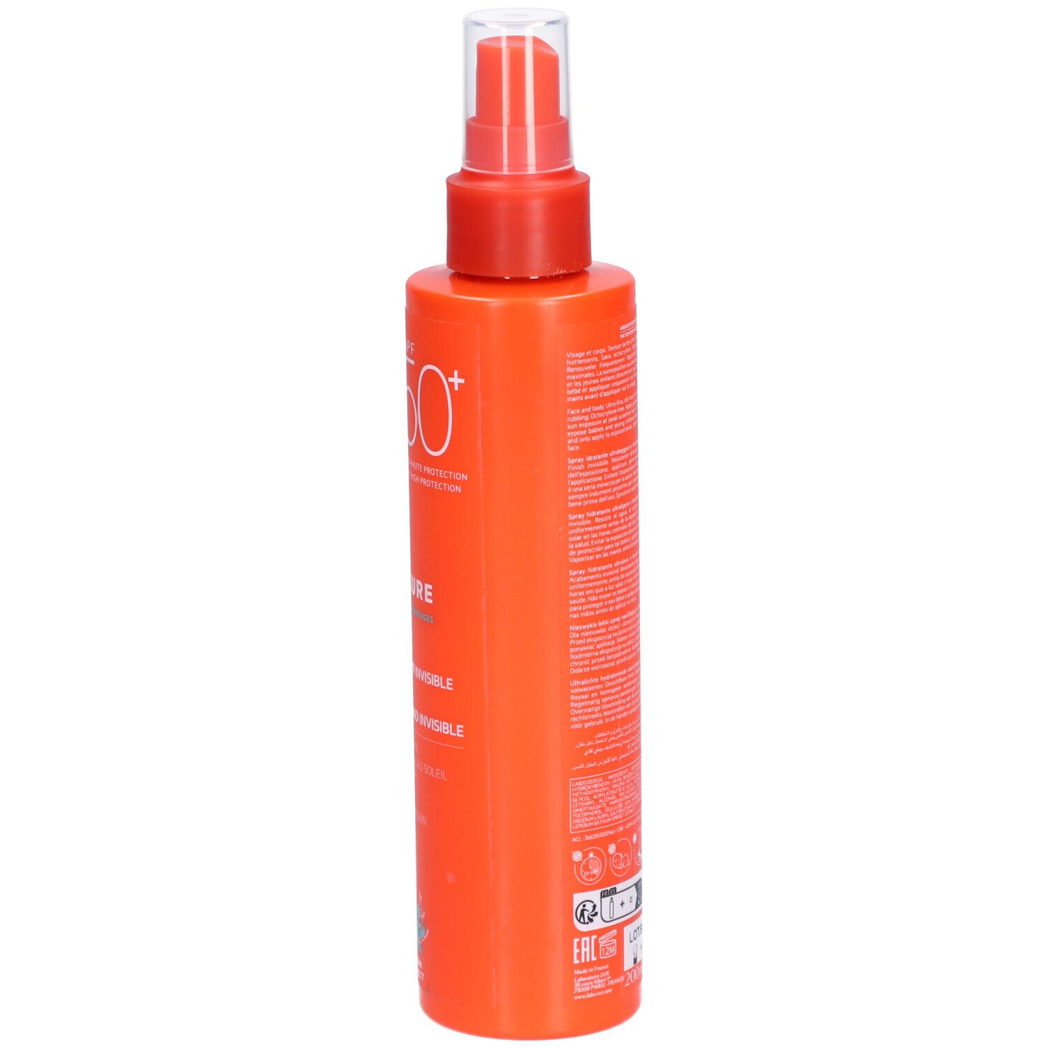 Flacon spray orange avec tête rouge. Inscriptions : SVR, SPF 50+, SUN SECURE Spray. Vegan.