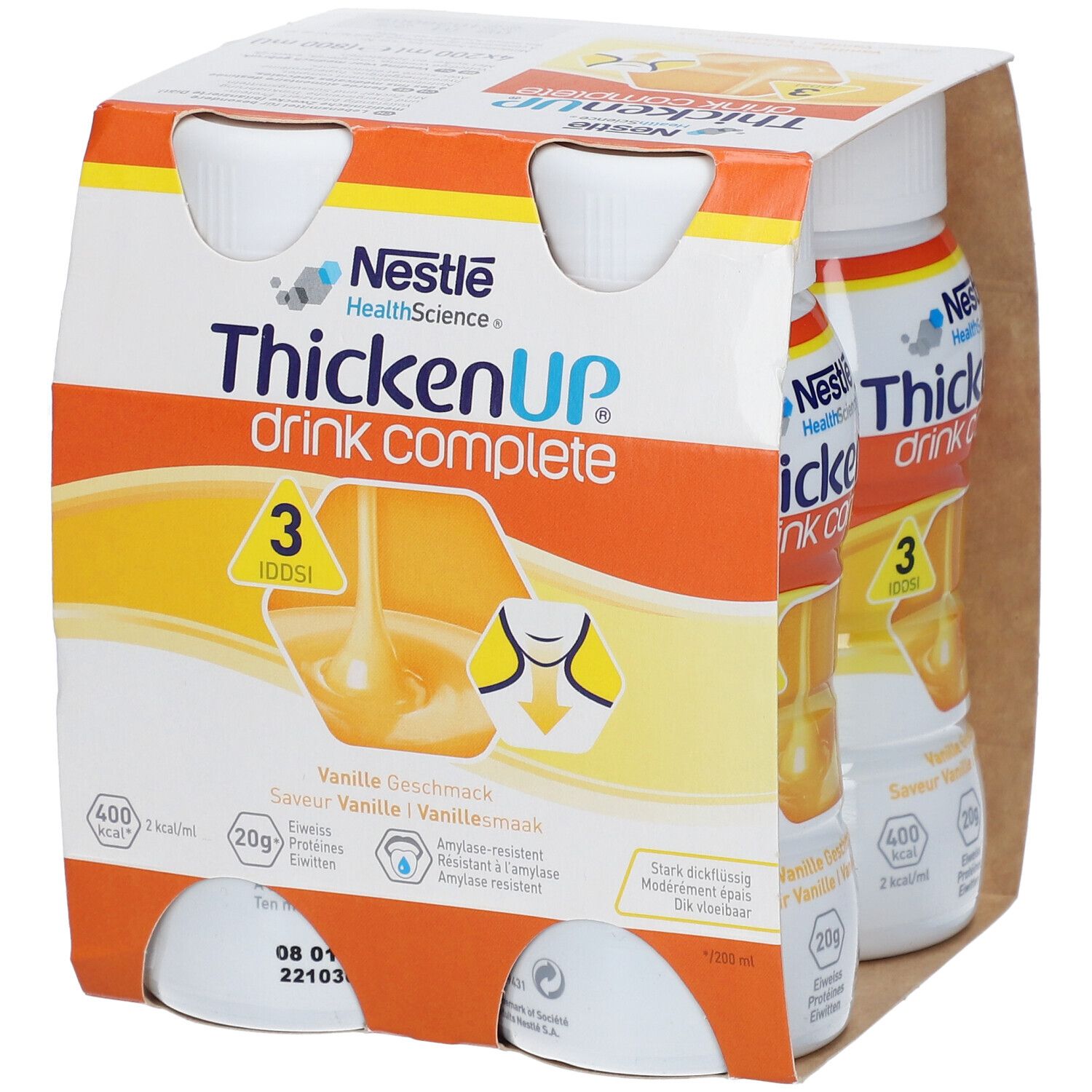 Verpakking met vier flessen ThickenUP Drink Complete Vanille. Opschriften: Nestle, 3 IDDSI, 400 kcal, 20g eiwitten.