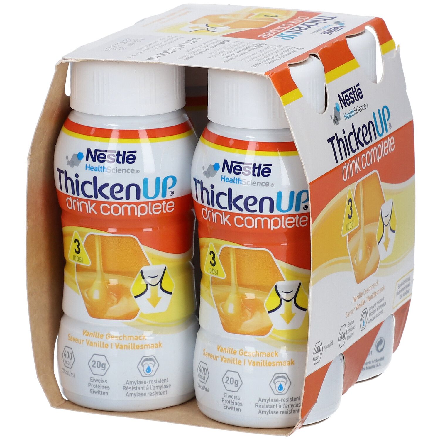 Verpakking met twee flessen ThickenUP Drink Complete Vanille. Opschriften: Nestle, 3 IDDSI, 400 kcal, 20g eiwitten.