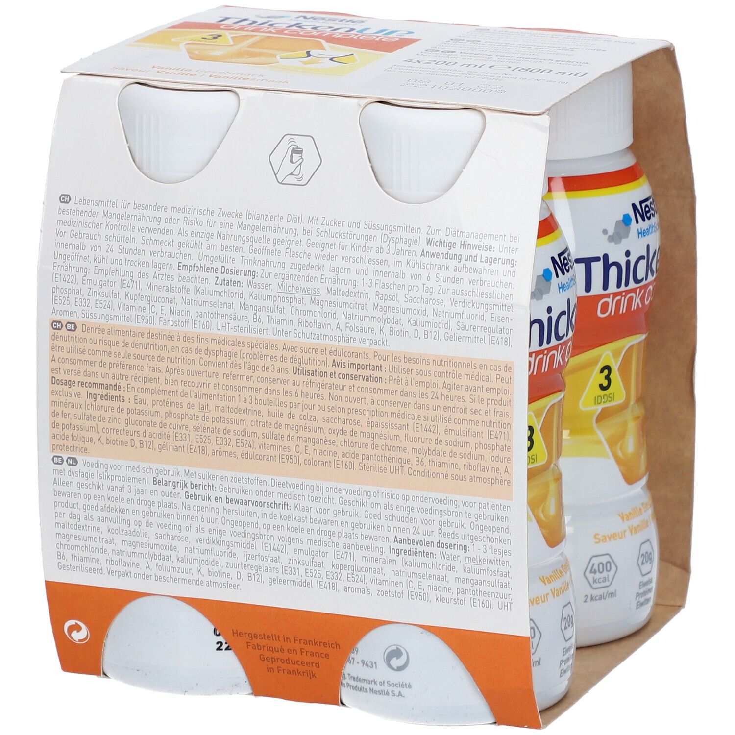 Achterkant van de verpakking met twee flessen ThickenUP Drink Complete Vanille. Tekst: voedingswaarde, ingrediënten, fabrikant.