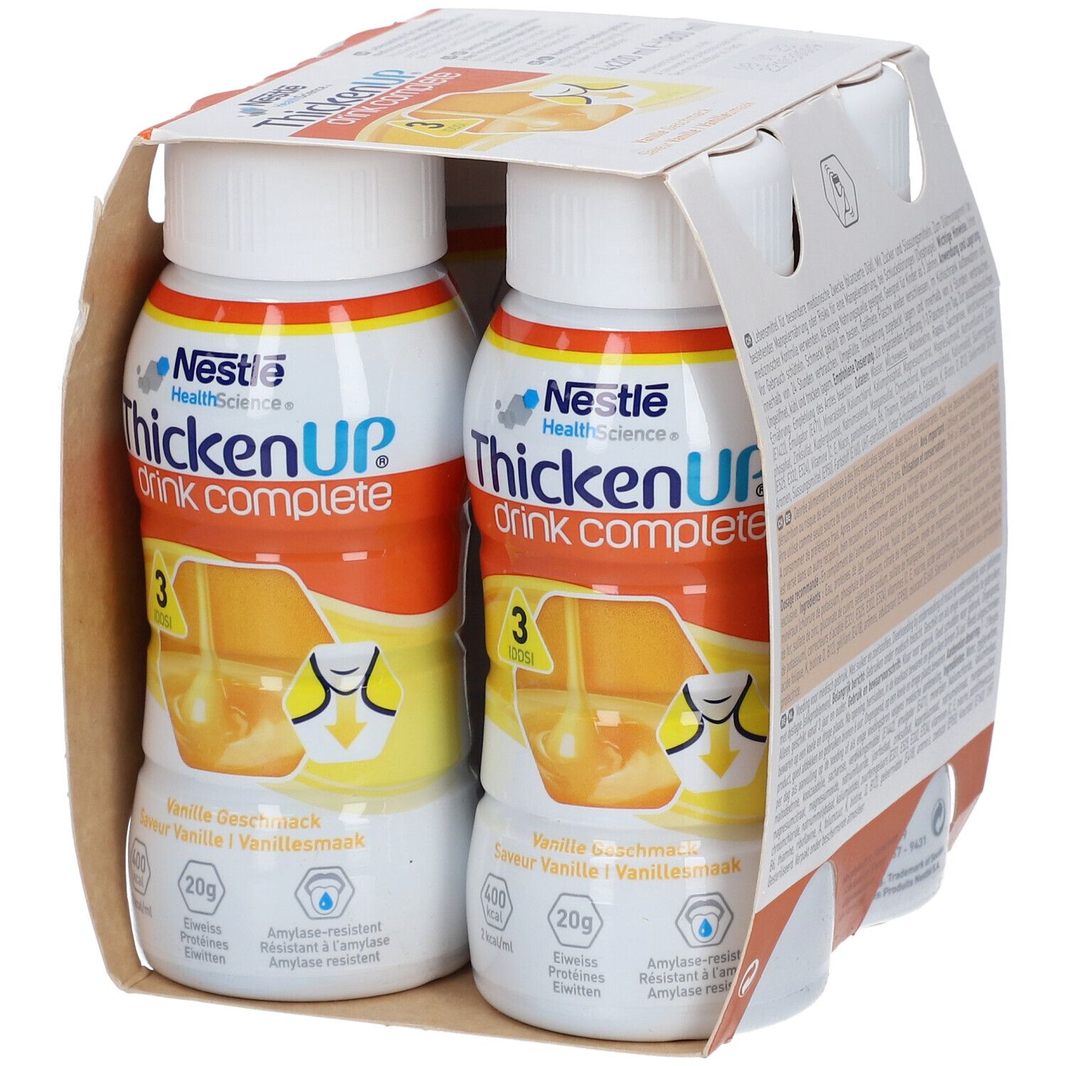 Verpakking met twee flessen ThickenUP Drink Complete Vanille. Opschriften: Nestle, 3 IDDSI, 400 kcal, 20g eiwitten.
