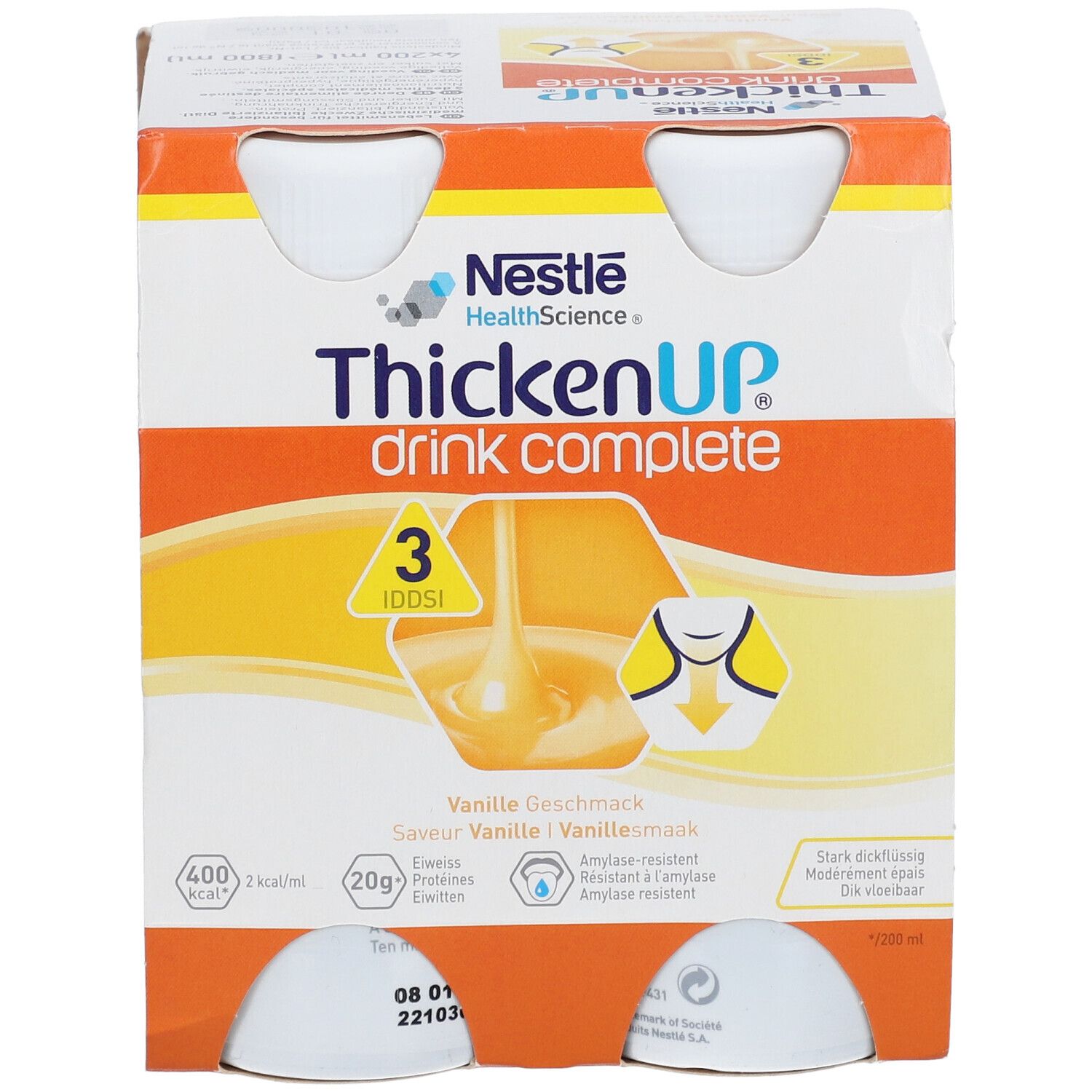 Verpakking met twee flessen ThickenUP Drink Complete Vanille. Opschriften: Nestle, 3 IDDSI, 400 kcal, 20g eiwitten.