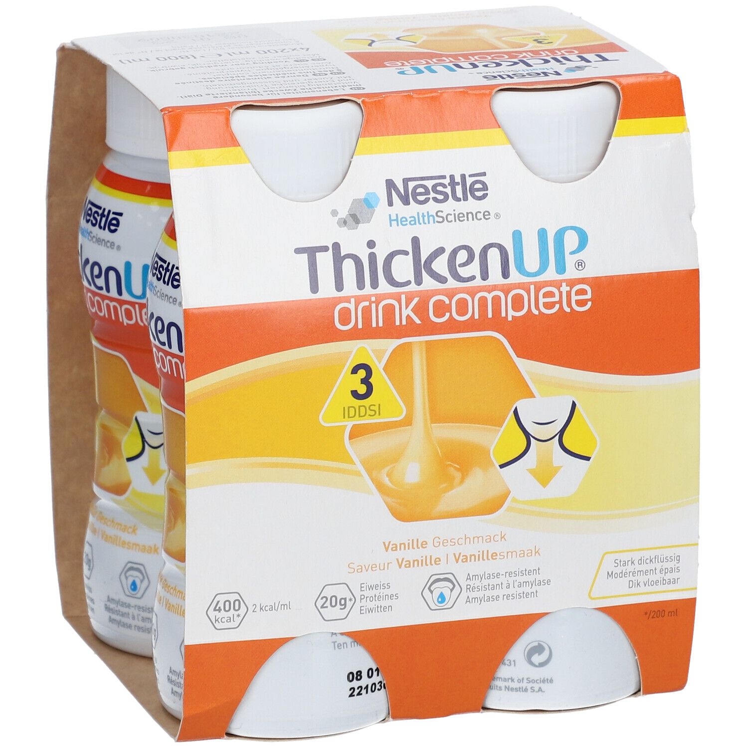 Verpakking met twee flessen ThickenUP Drink Complete Vanille. Opschriften: Nestle, 3 IDDSI, 400 kcal, 20g eiwitten.