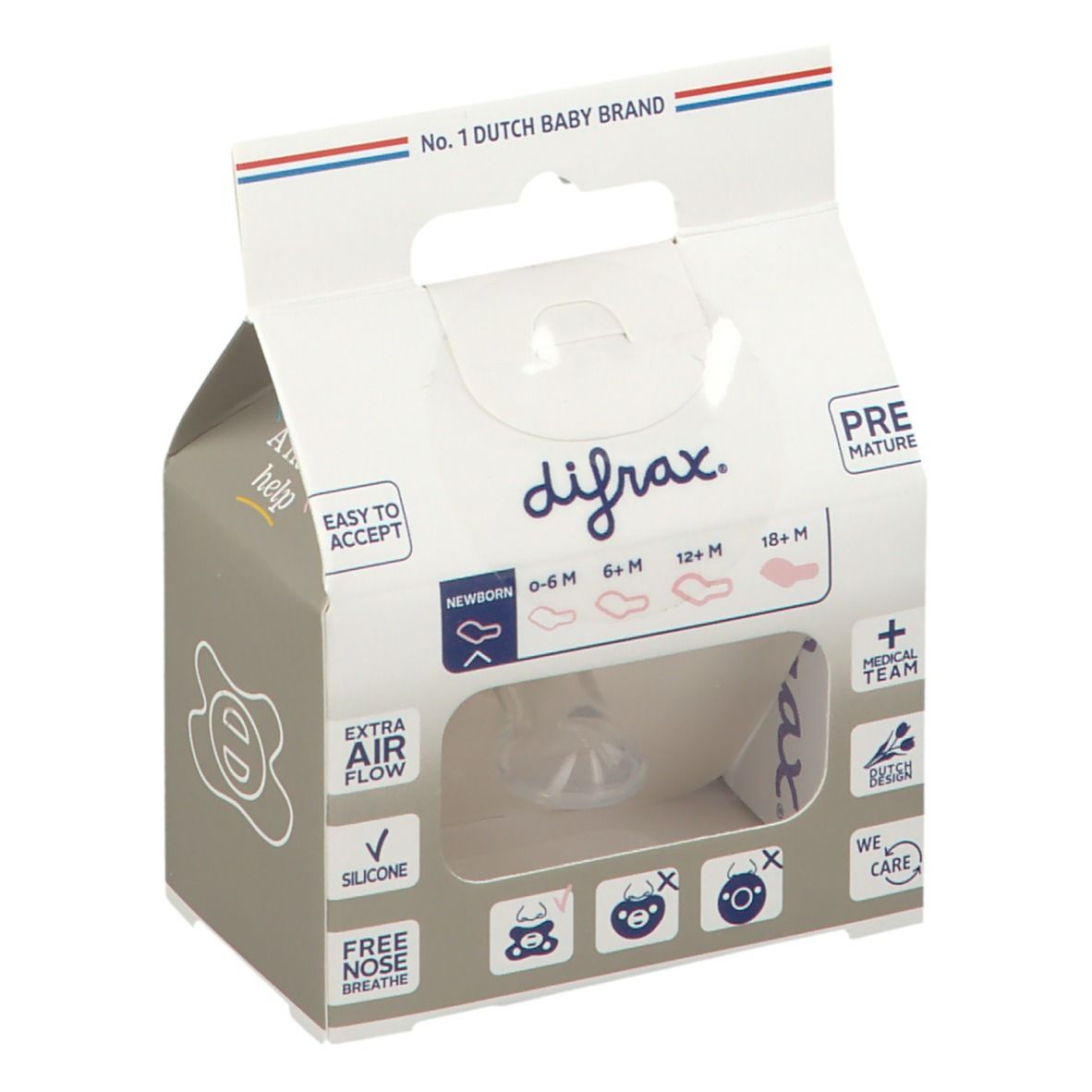 Verpackung mit Schnuller. Marke difrax. Sichtfenster zeigt Schnuller. Text: Dental Newborn.