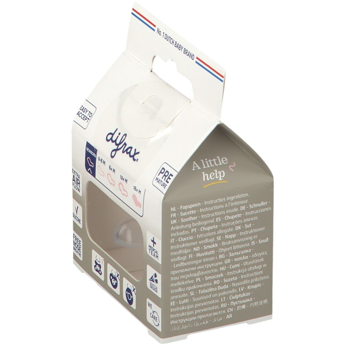 Verpackung mit Schnuller. Marke difrax. Sichtfenster zeigt Schnuller. Text: Dental Newborn.