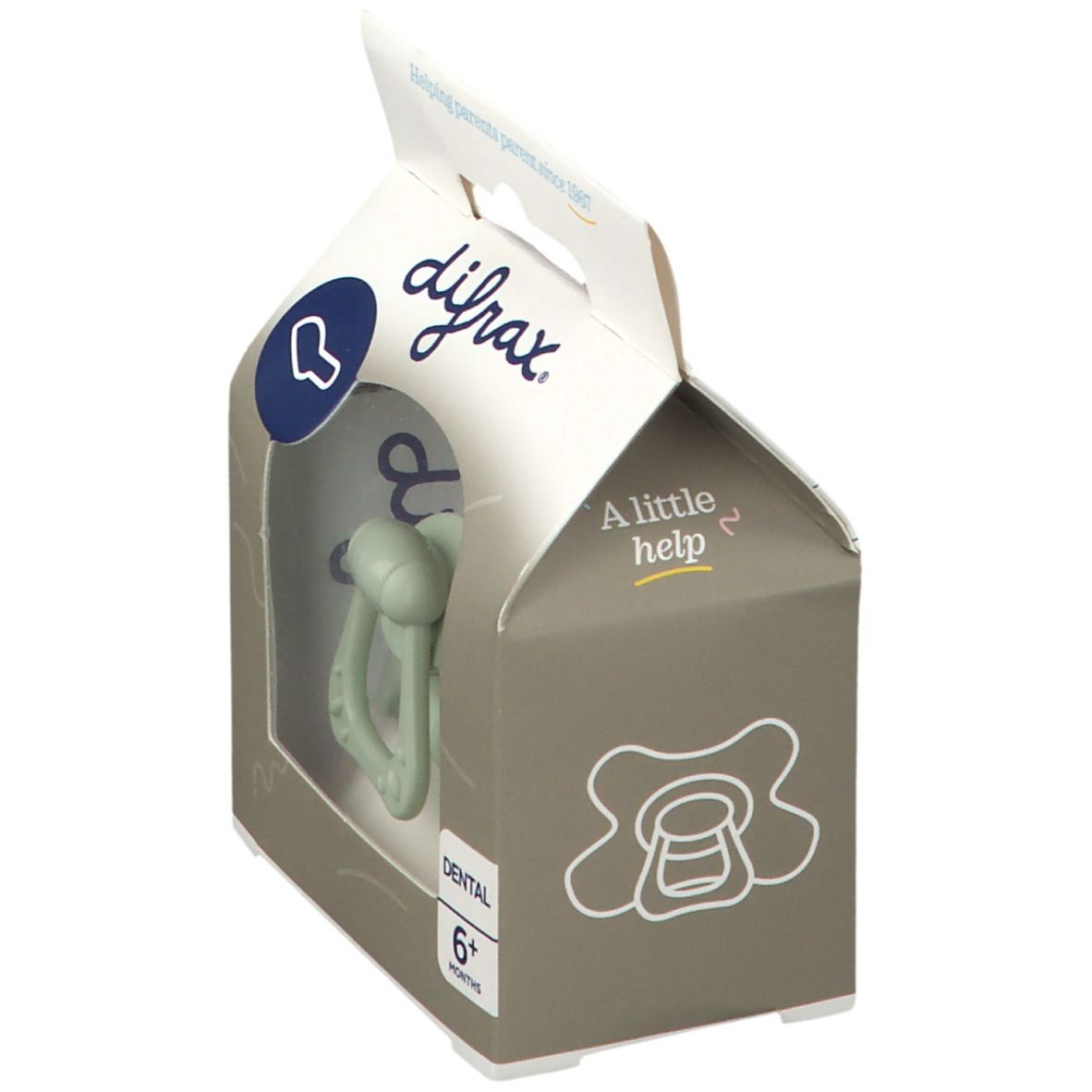 Emballage de sucette. Visible : logo difrax®, Dental, 6+ mois. Sucette verte dans la fenêtre du carton.