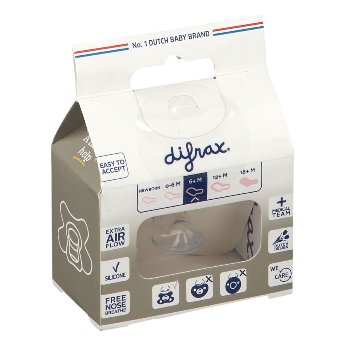 Emballage de sucette. Visible : logo difrax®, Dental, 6+ mois. Différentes indications d'âge. Extra Air Flow.