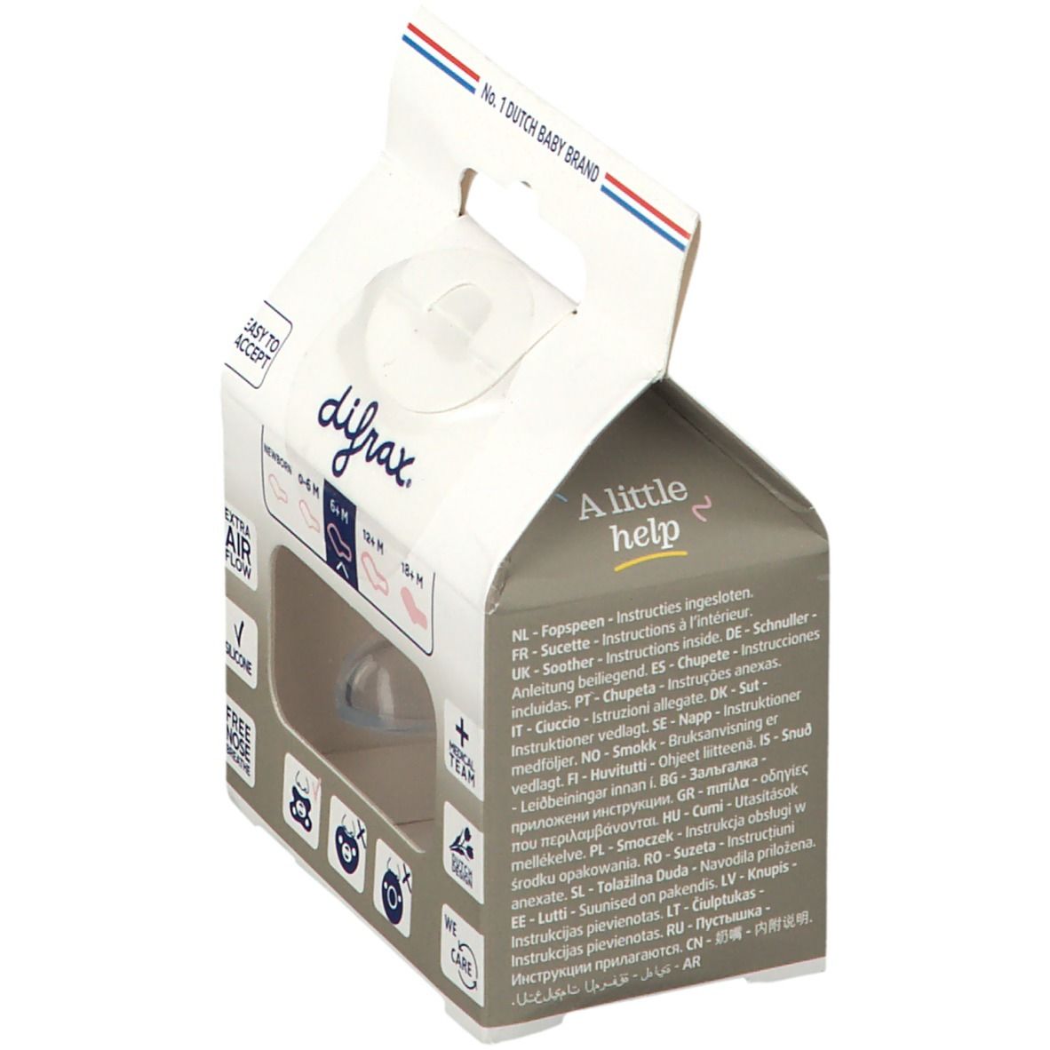 Emballage de sucette. Visible : logo difrax®, Dental, 6+ mois. Différentes indications d'âge. Extra Air Flow.