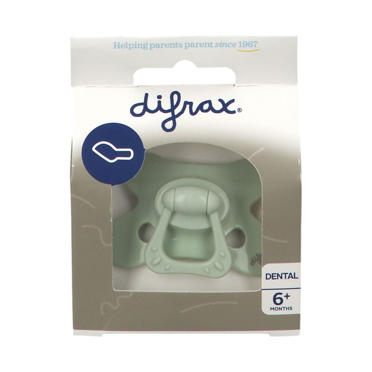 Emballage de sucette. Visible : logo difrax®, Dental, 6+ mois. Sucette verte dans la fenêtre du carton.