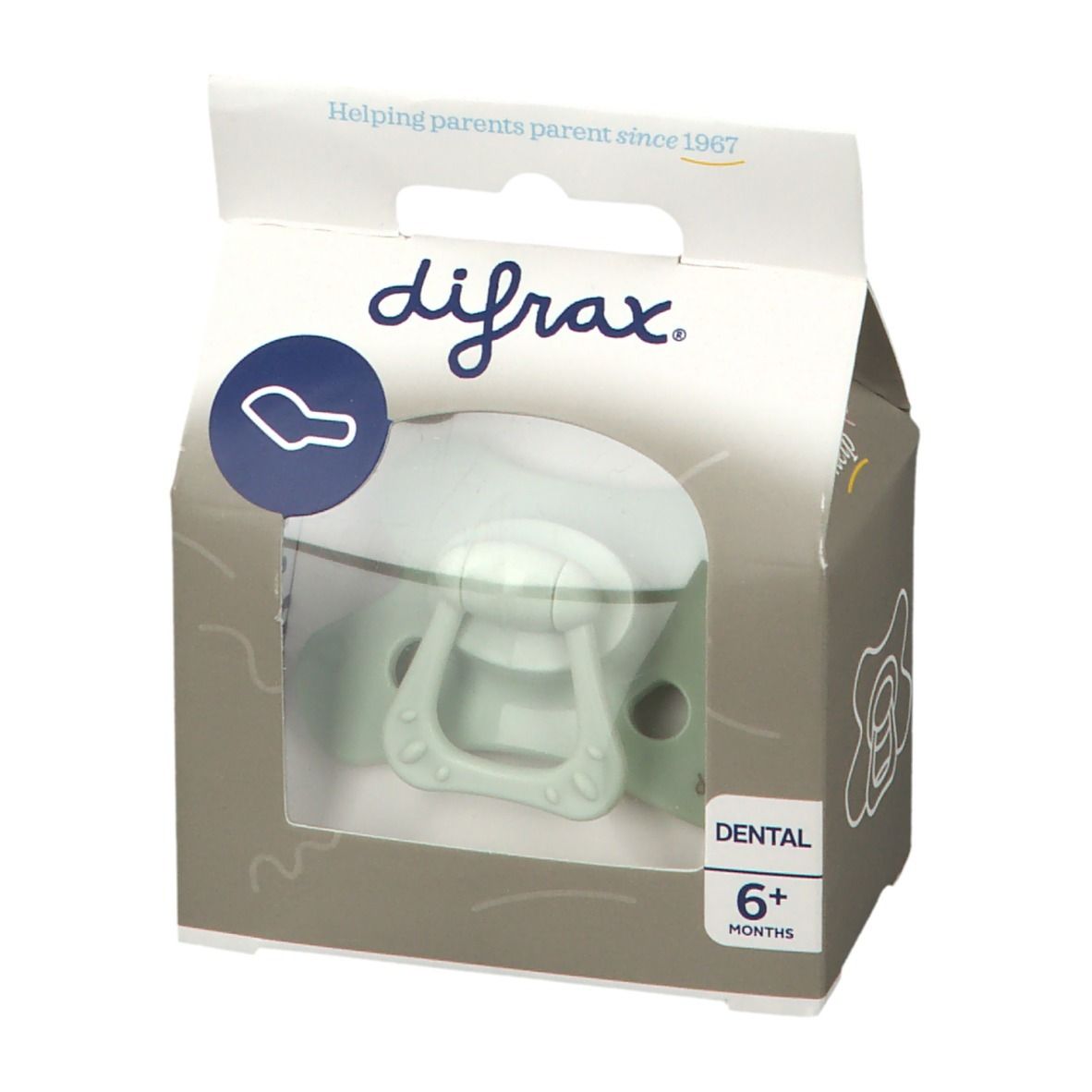 Emballage de sucette. Visible : logo difrax®, Dental, 6+ mois. Sucette verte dans la fenêtre du carton.