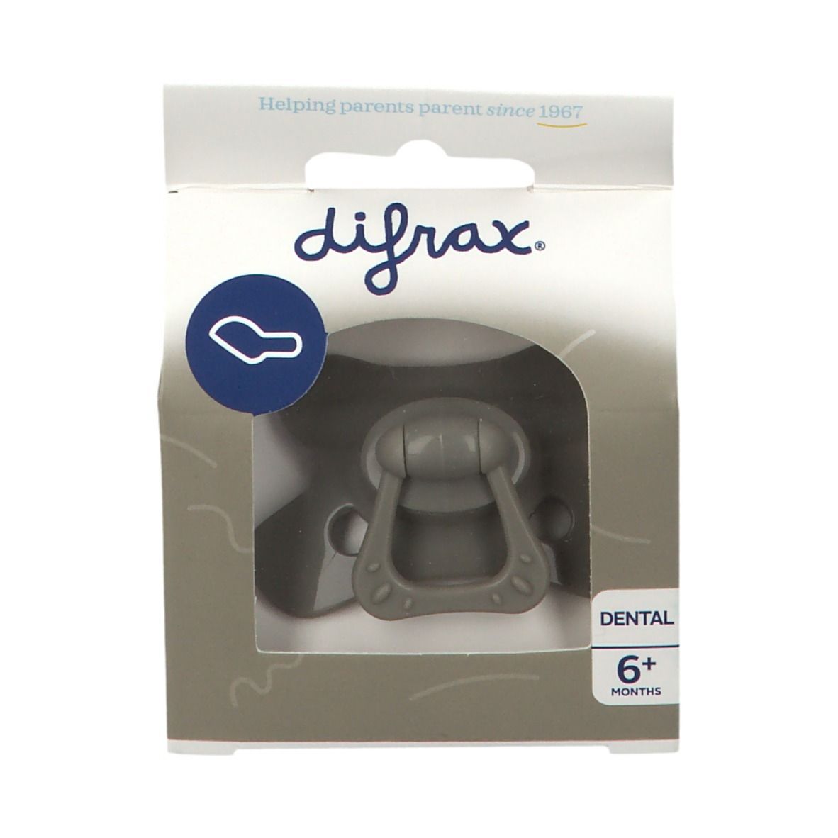 Verpakking met speen. Zichtbaar: grijze speen, Dental, 6+ maanden. Merk: difrax.