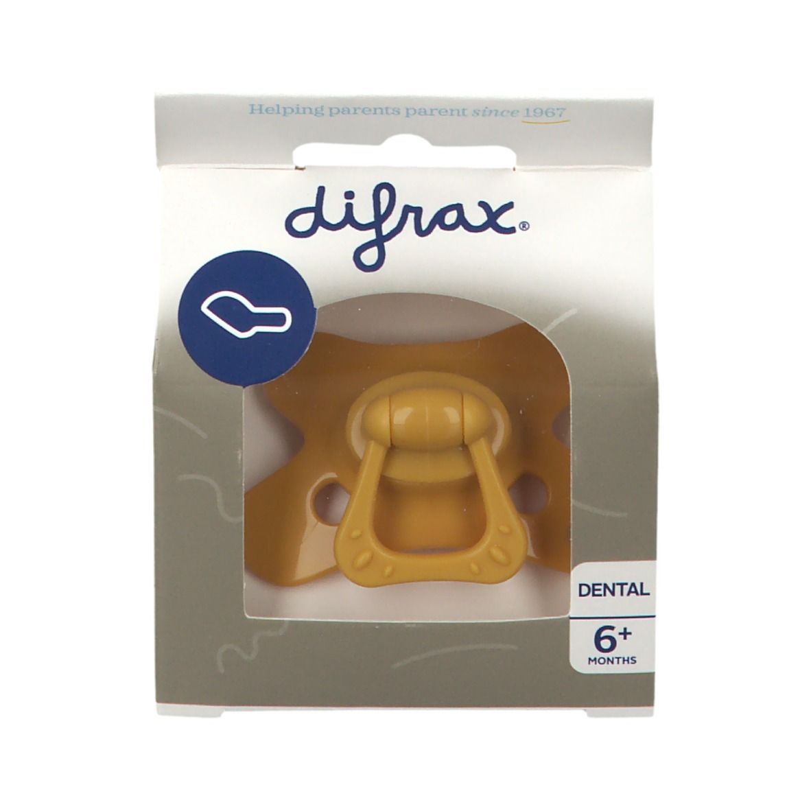 Sucette jaune avec poignée dans un emballage. Fenêtre transparente. Inscriptions: difrax, Dental, 6+ mois.