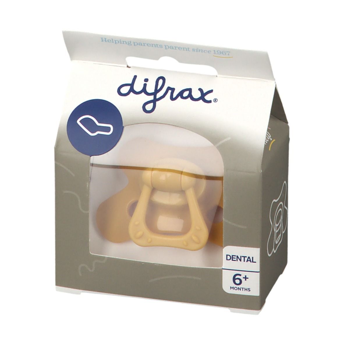 Sucette jaune avec poignée dans un emballage. Fenêtre transparente. Inscriptions: difrax, Dental, 6+ mois.