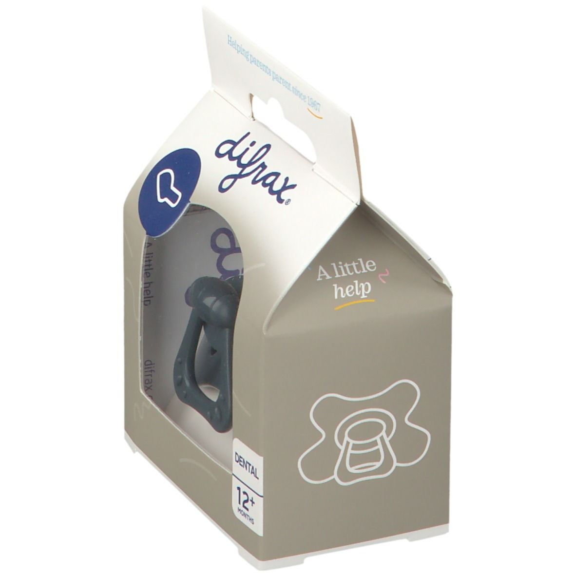 Verpackung mit Schnuller. Marke difrax. Sichtfenster. Aufdruck: Dental, 12+ Monate. Hilfreich für Eltern seit 1967.
