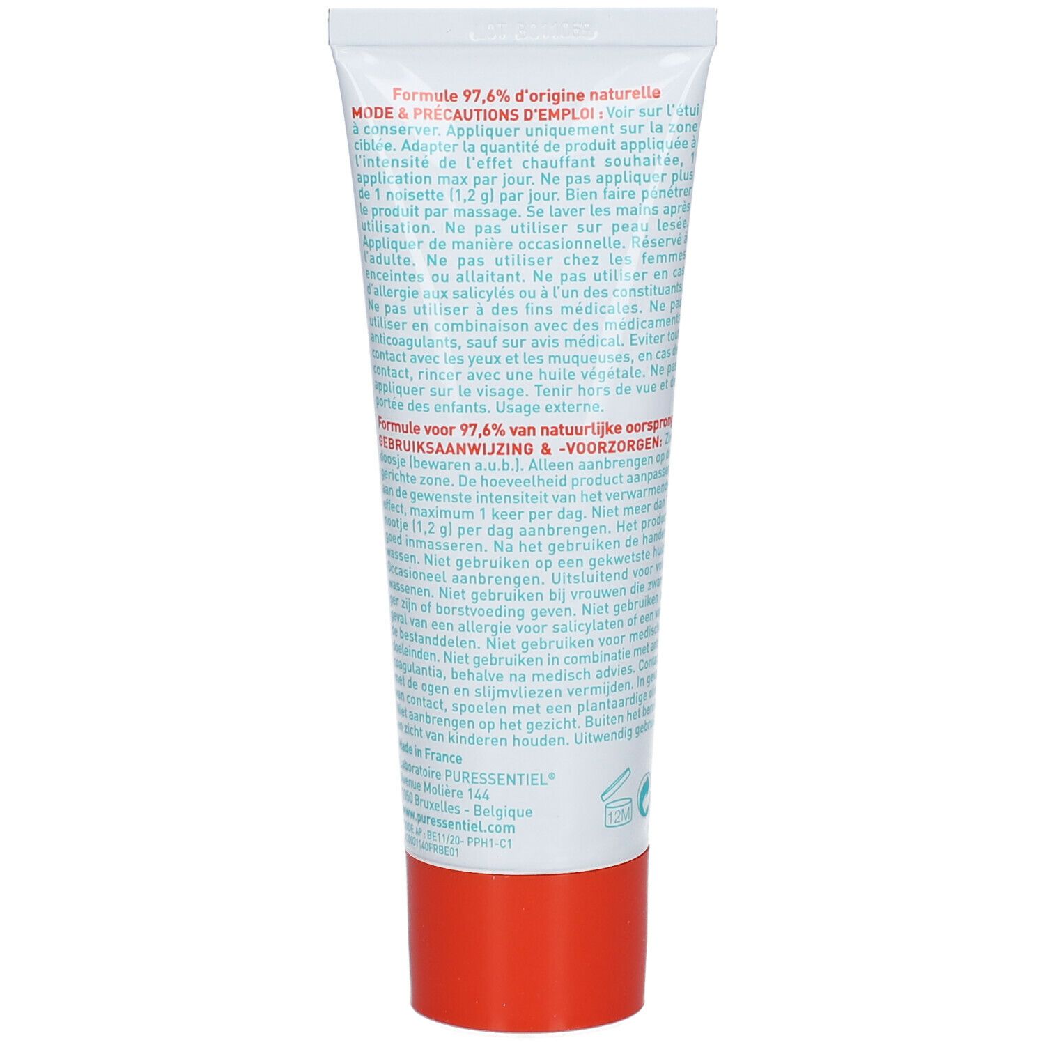 Rückseite der Tube mit Produktinformationen und Anwendungshinweisen. Roter Verschluss.