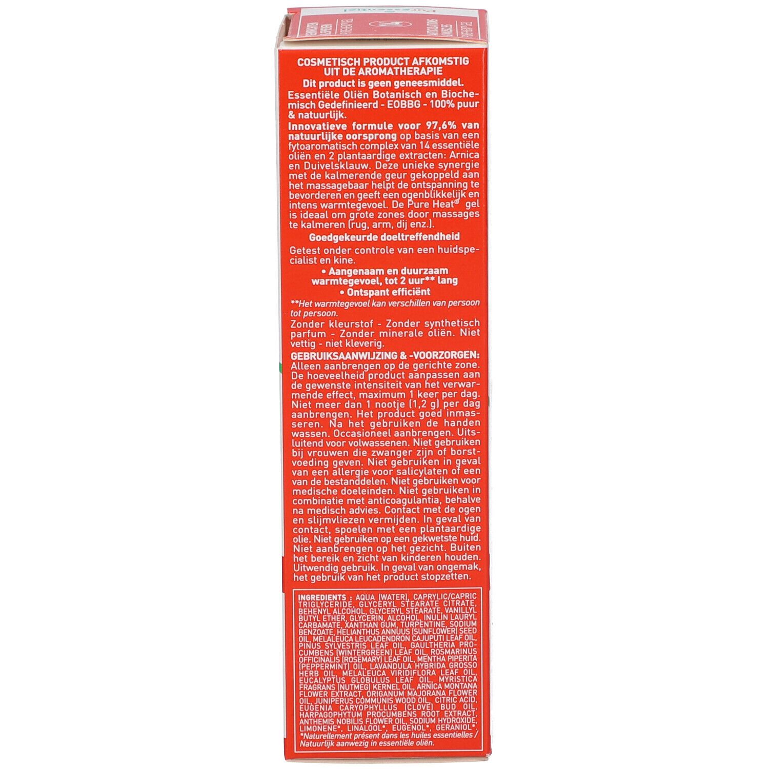 Produktverpackung, Detailansicht. Text mit Inhaltsstoffen und Anwendungshinweisen. Roter Hintergrund.
