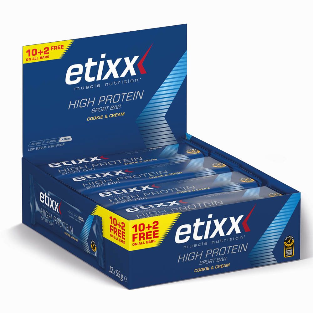 Verpakking met eiwitrepen. Opschrift: etixx High Protein Sport Bar, Cookie & Cream. 10+2 gratis. 12x55g.