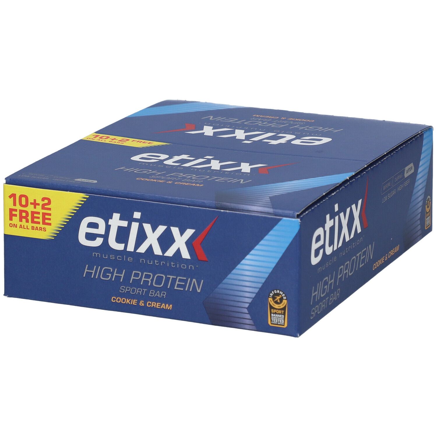 Blauer Karton mit 12 Proteinriegeln. Aufschrift: etixx High Protein Sport Bar, Cookie & Cream. 10+2 gratis.