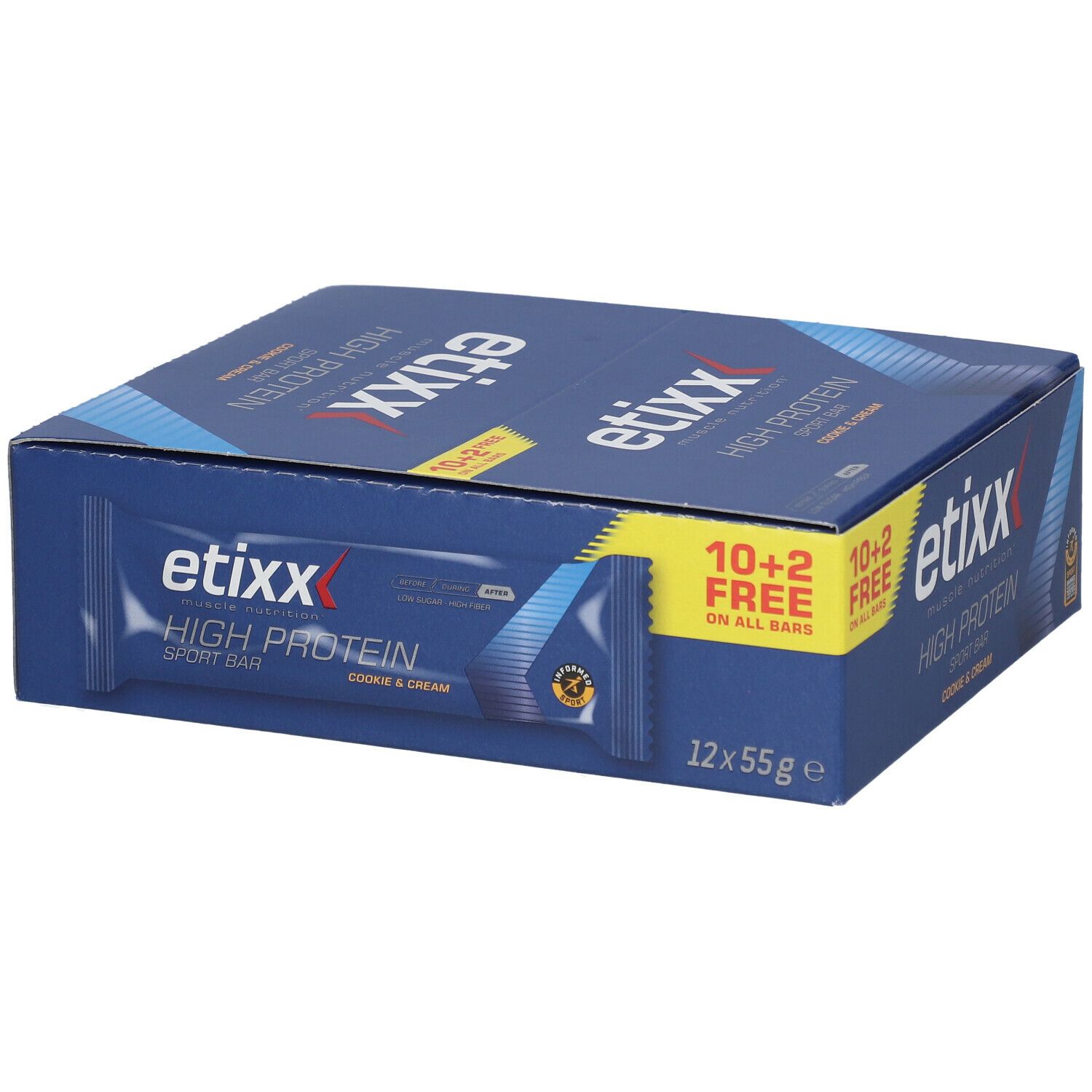 Blauer Karton mit 12 Proteinriegeln. Aufschrift: etixx High Protein Sport Bar, Cookie & Cream. 10+2 gratis. 12x55g.