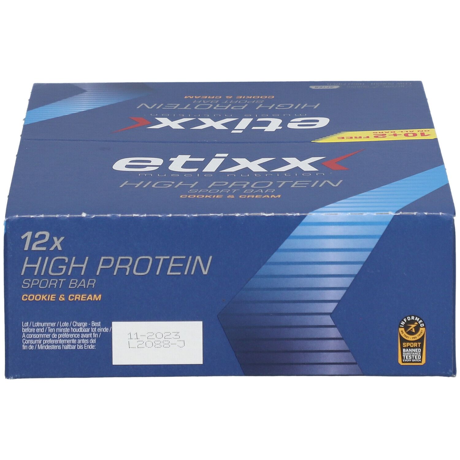 Blauer Karton mit 12 Proteinriegeln. Aufschrift: etixx High Protein Sport Bar, Cookie & Cream. Mindesthaltbarkeitsdatum.