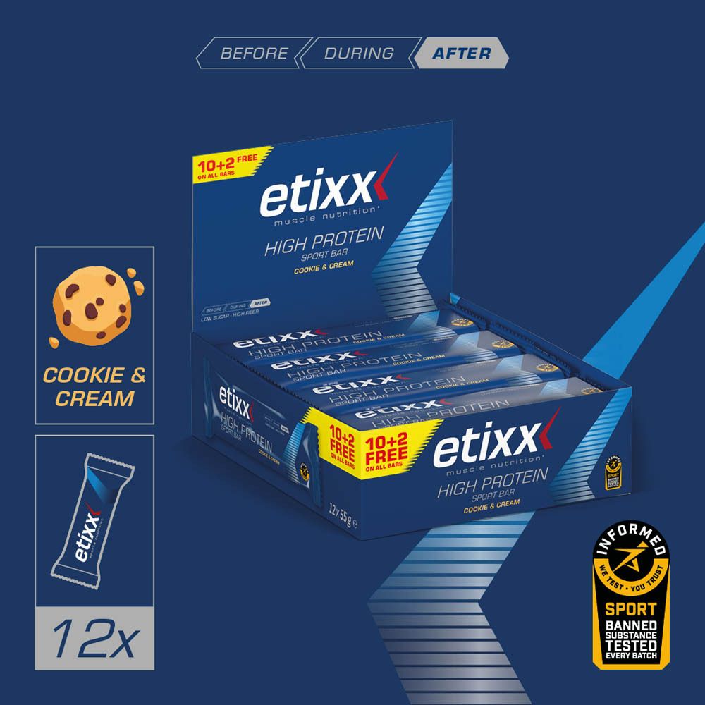 Afbeelding met eiwitreep. Opschrift: etixx High Protein Sport Bar, Cookie & Cream. 12x. Voor, tijdens, na.