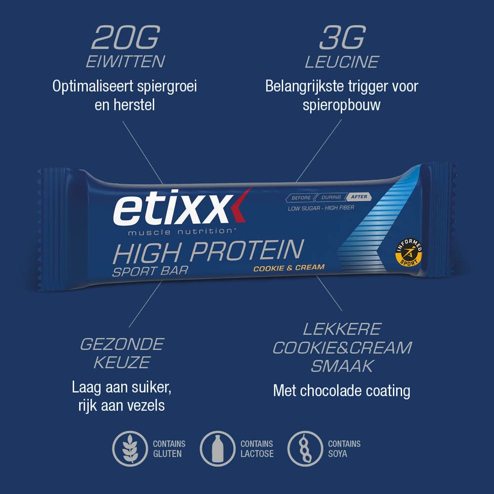 Eiwitreep. Opschrift: etixx High Protein Sport Bar, Cookie & Cream. 20g eiwitten, 3g leucine. Bevat gluten, lactose, soja.