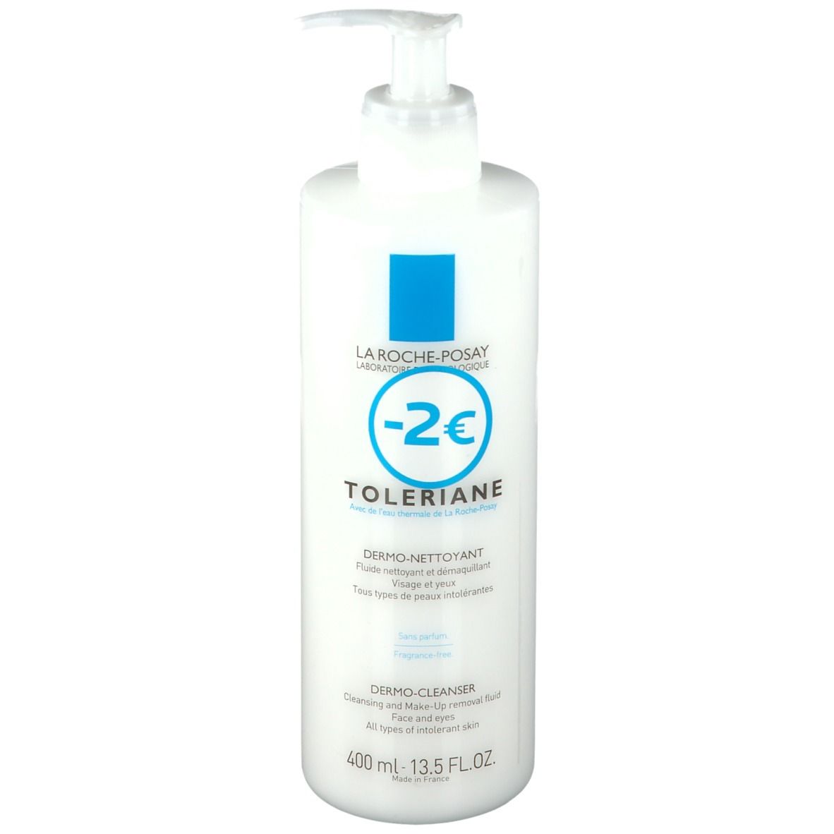 Witte fles met pomp. Blauw vierkant en tekst: LA ROCHE-POSAY, TOLERIANE, Dermo-Nettoyant, Dermo-Cleanser. Inhoud: 400 ml.