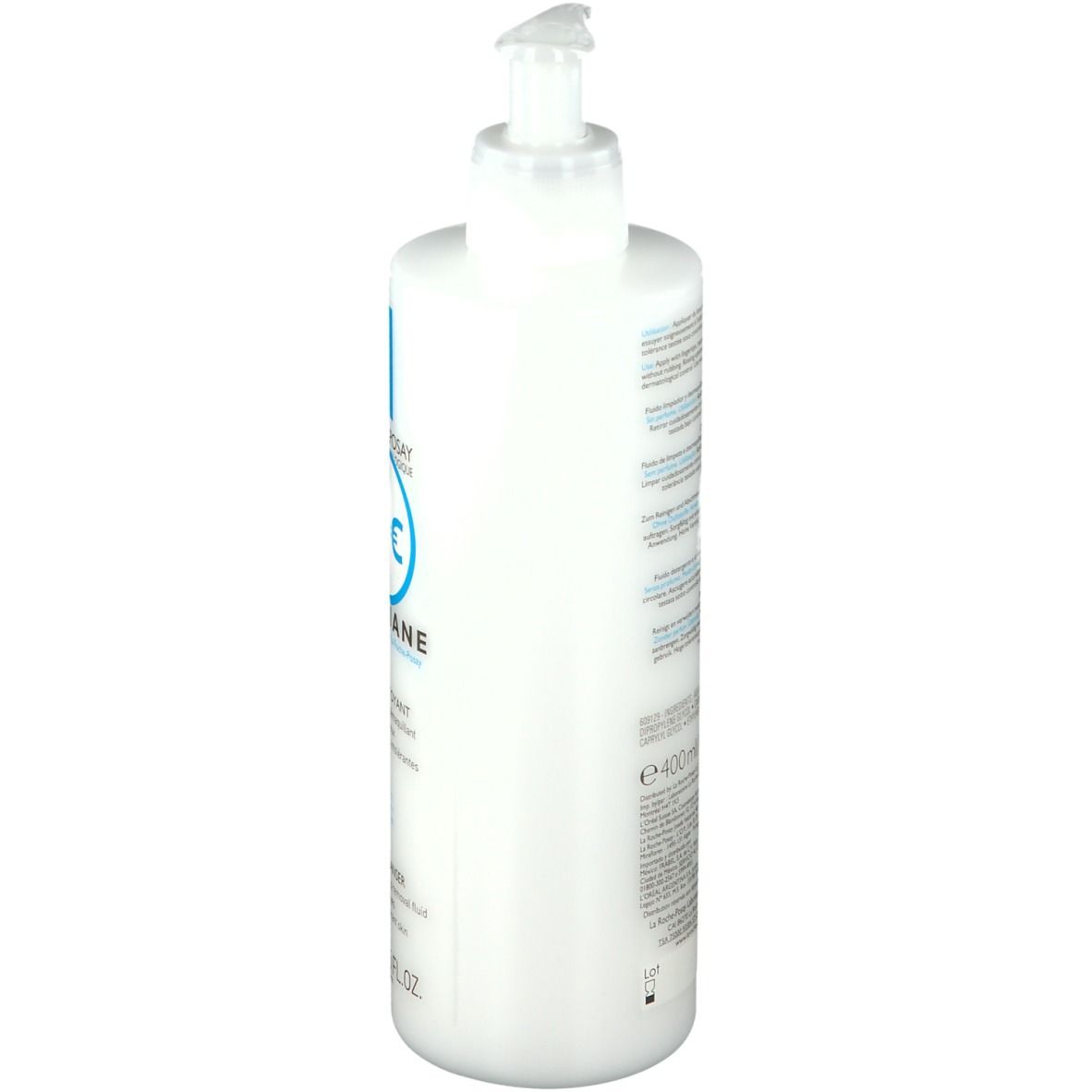 Witte fles met pomp. Tekst: LA ROCHE-POSAY, TOLERIANE. Achterkant met tekst en volume-aanduiding: 400 ml.