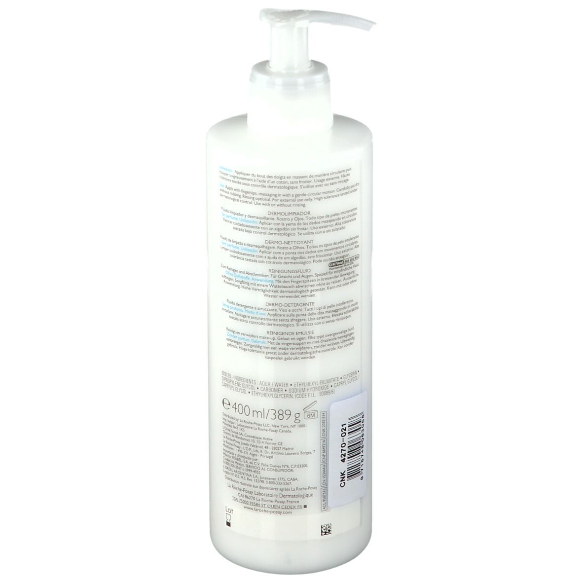 Witte fles met pomp. Achterkant met tekst, volume: 400 ml en barcode. Tekst: LA ROCHE-POSAY, TOLERIANE.
